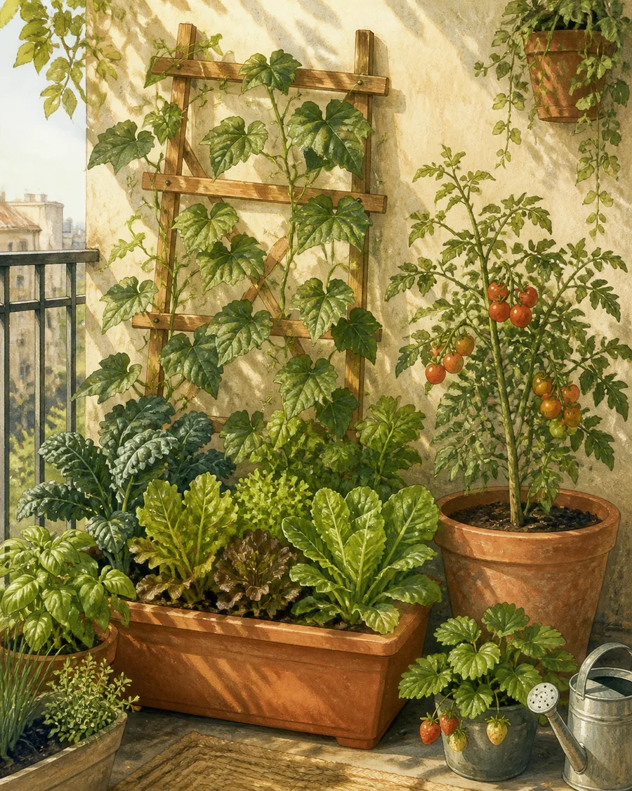 Balcony vegetable garden with tomatoes on a trellis, leafy greens and herbs in containers