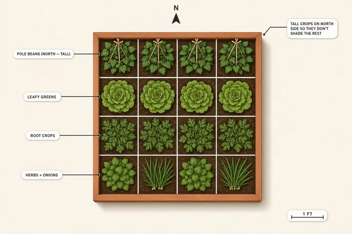Top-down 4 by 4 square foot garden with pole beans along the north side, leafy greens, root crops, herbs and green onions