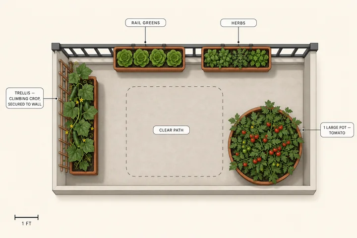 Overhead balcony vegetable garden with greens and herbs in rail planters, a climbing crop on a wall trellis, one large tomato pot and a clear path