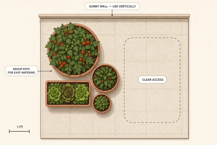 Top-down patio vegetable garden with grouped tomato, pepper, greens and herb containers, clear access space and a sunny wall for vertical growing